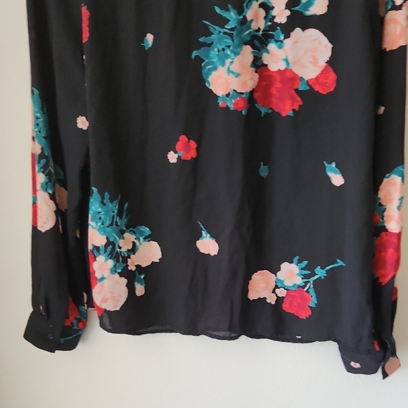 Candie's Black Floral Blouse Long Sleeve 1/4 Zip Front Slots on Shoulder  Sz L - Picture 10 of 15